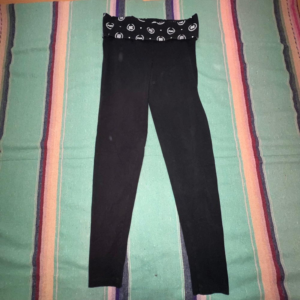 PINK Victoria's Secret Yoga Leggings Womens S Black Foldover Logo Print 86 Y2K